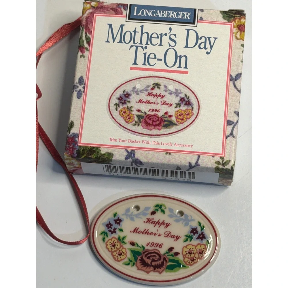 VTG Longaberger Mother's Day Tie-On 1996 Ceramic Basket Charm Floral White NIB